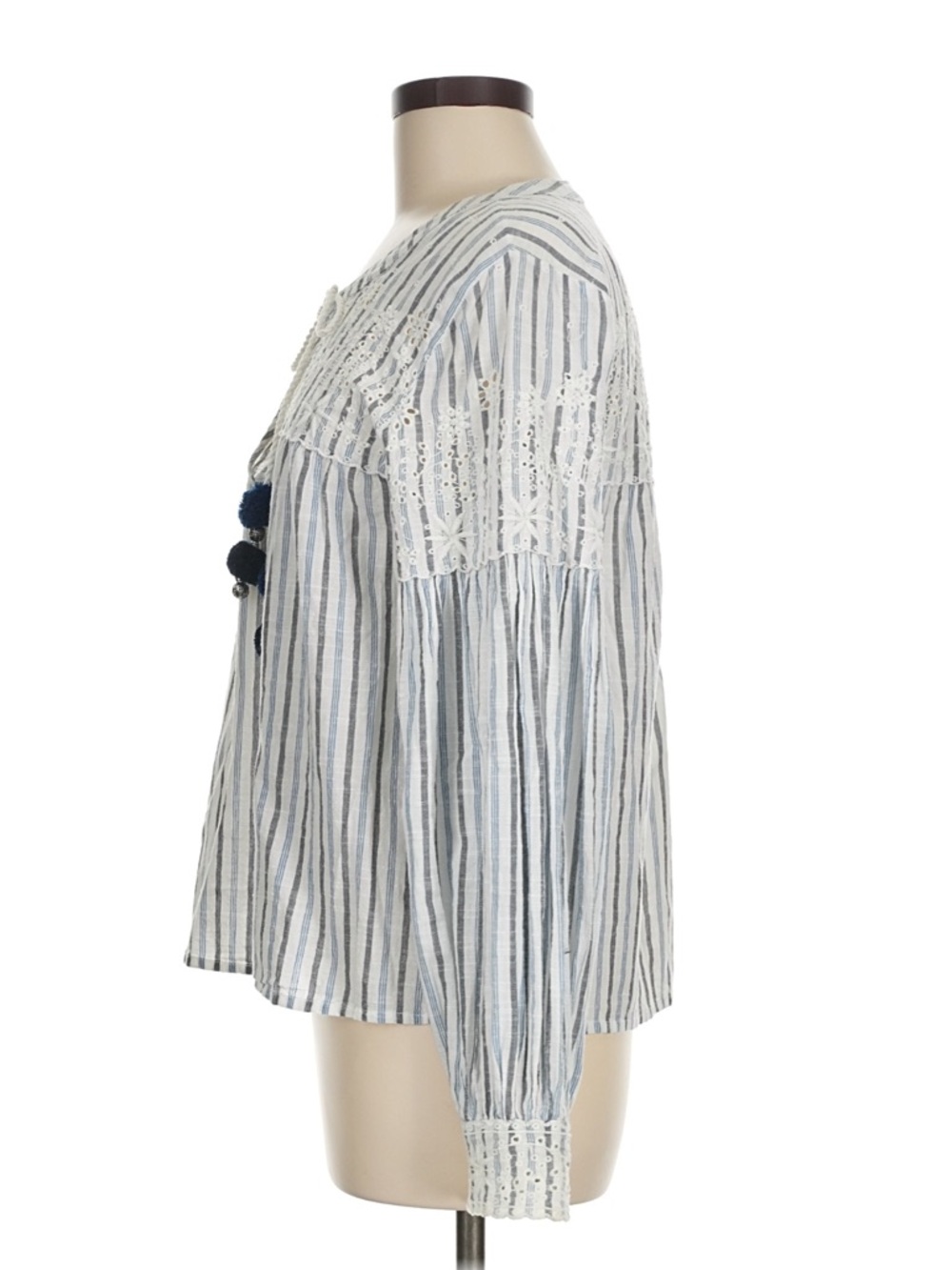 LoveShackFancy Striped Eyelet Blouse Boho Top Blue White Tassel Size M - Picture 5 of 8